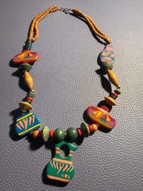 Vintage Flying Colors Hand Painted Wooden Pottery Motif Statement Necklace